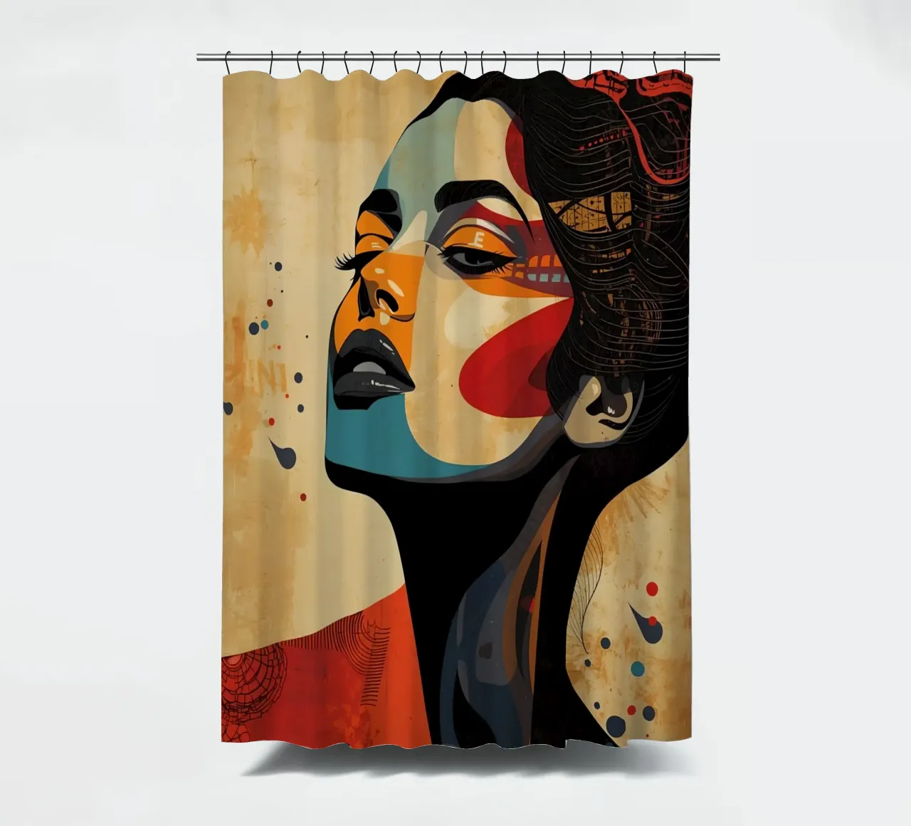 Abstraktes Porträt einer Frau mit auffälligem Make-up Duschvorhang von DesignDoodle