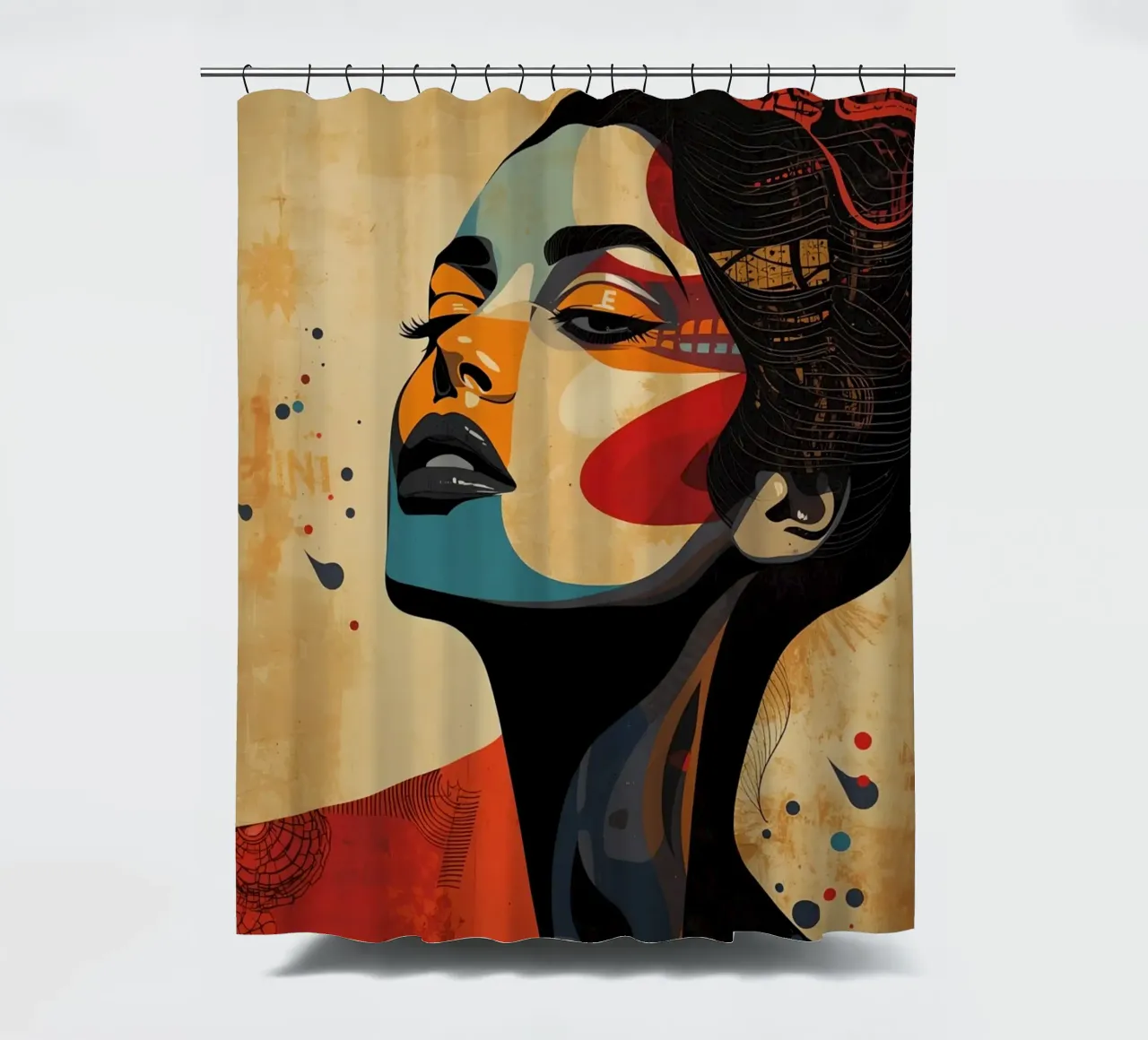 Abstraktes Porträt einer Frau mit auffälligem Make-up Duschvorhang von DesignDoodle