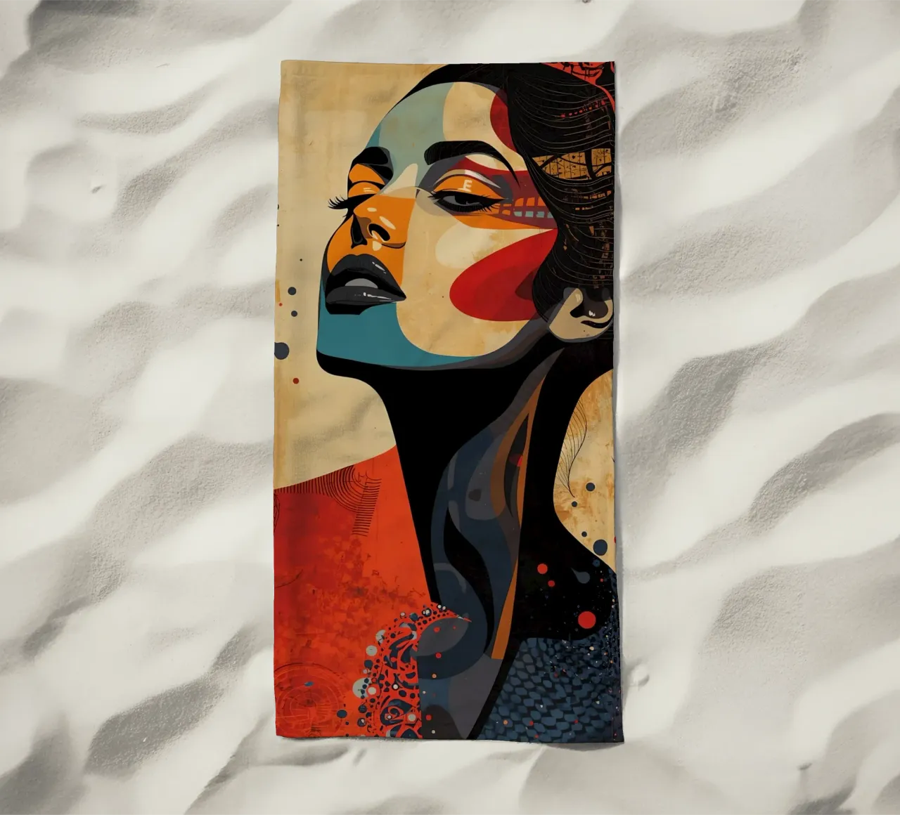 Ritratto astratto di una donna con un trucco audace telo mare da DesignDoodle