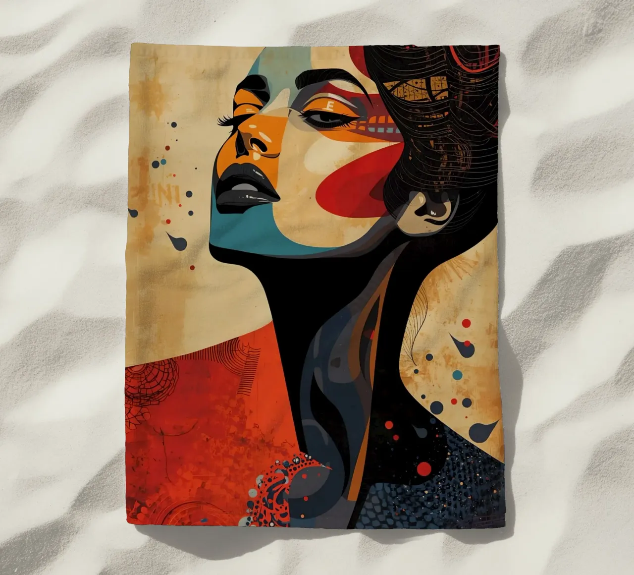 Ritratto astratto di una donna con un trucco audace telo mare da DesignDoodle