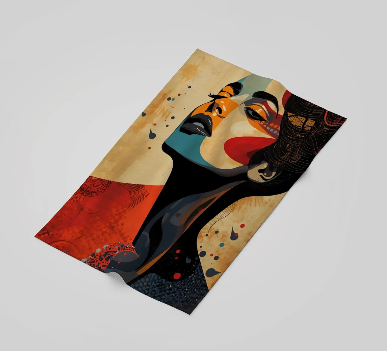 Ritratto astratto di una donna con un trucco audace telo mare da DesignDoodle