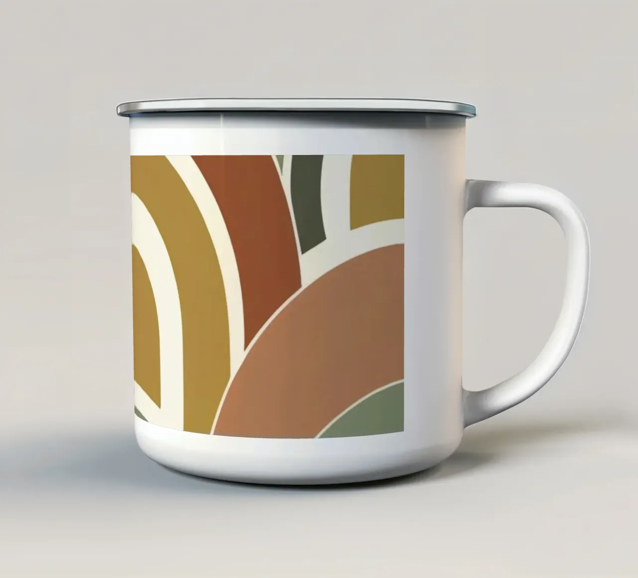 Abstract boog- en halve cirkelpatroon in aardetinten emaille mok van DesignDoodle