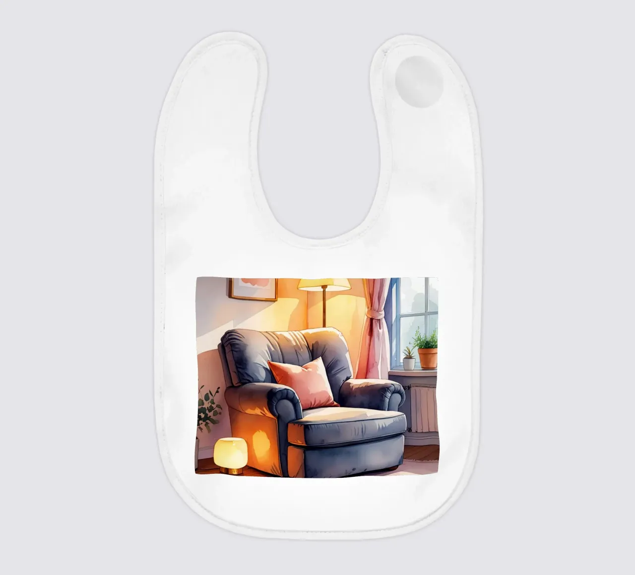 Poltrona accogliente Lampade e finestra in una stanza illuminata dal sole bavaglino da DesignDoodle