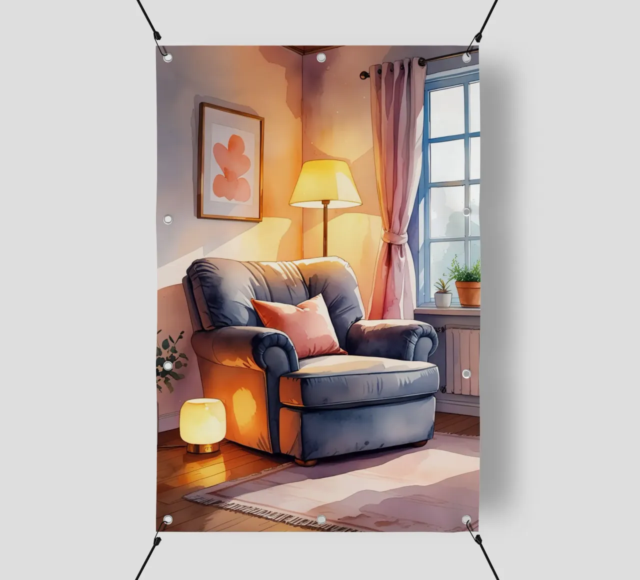 Poltrona accogliente Lampade e finestra in una stanza illuminata dal sole telo in pvc da DesignDoodle
