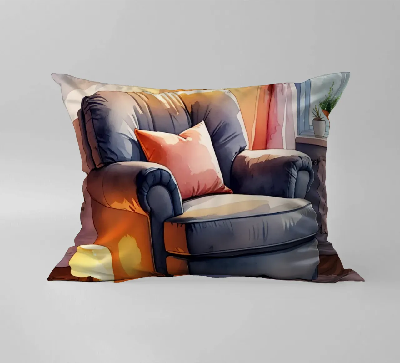 Poltrona accogliente Lampade e finestra in una stanza illuminata dal sole cuscino da DesignDoodle