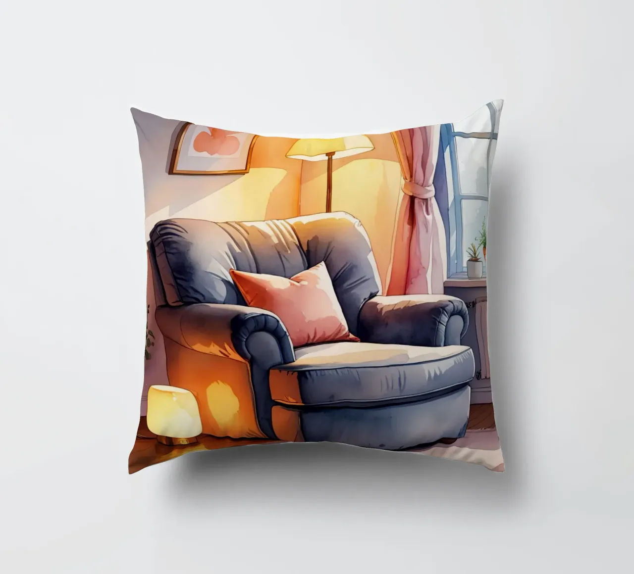 Poltrona accogliente Lampade e finestra in una stanza illuminata dal sole cuscino da DesignDoodle
