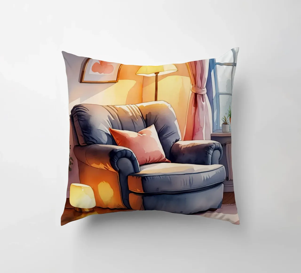 Poltrona accogliente Lampade e finestra in una stanza illuminata dal sole cuscino da DesignDoodle