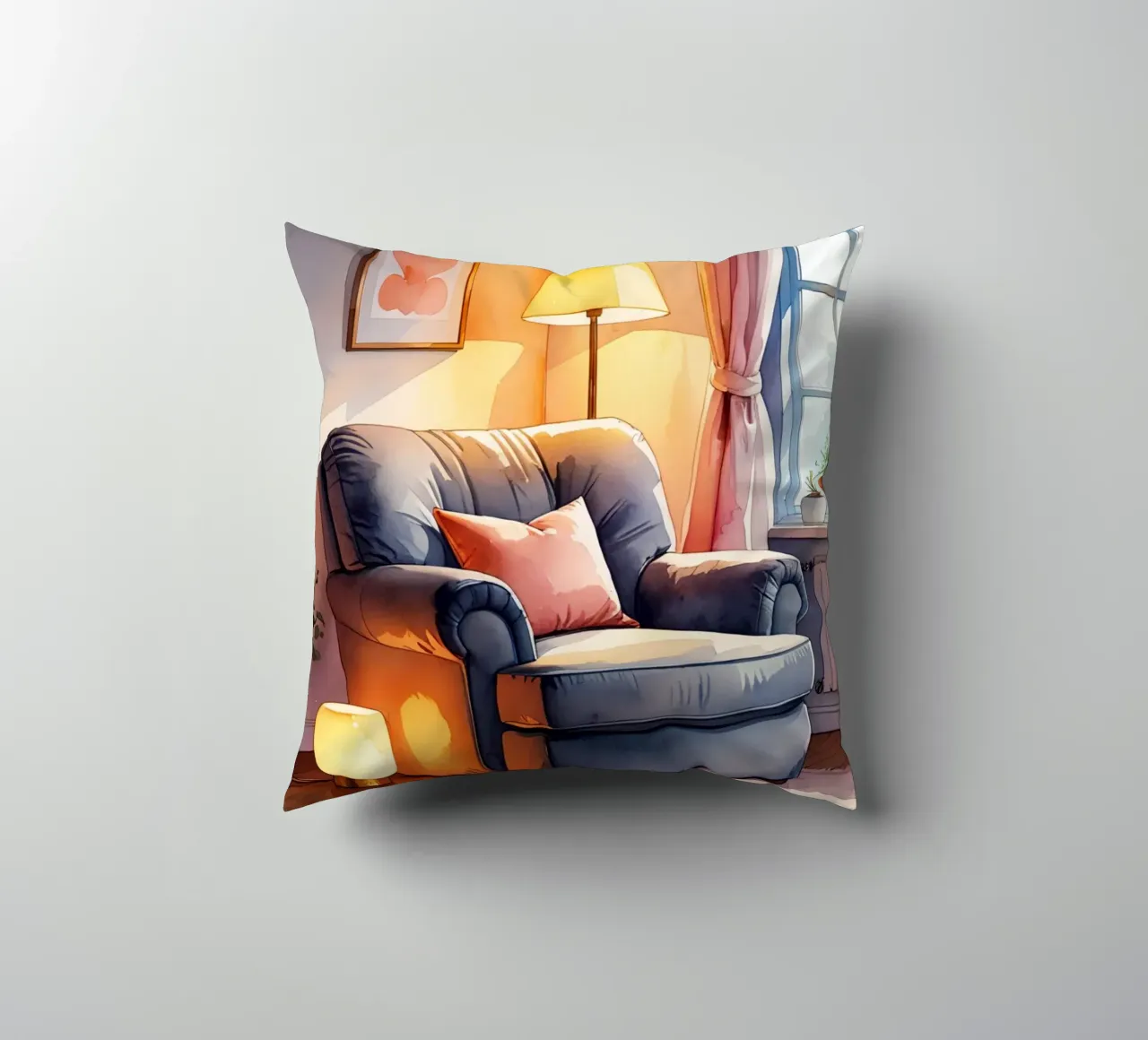 Poltrona accogliente Lampade e finestra in una stanza illuminata dal sole cuscino da DesignDoodle