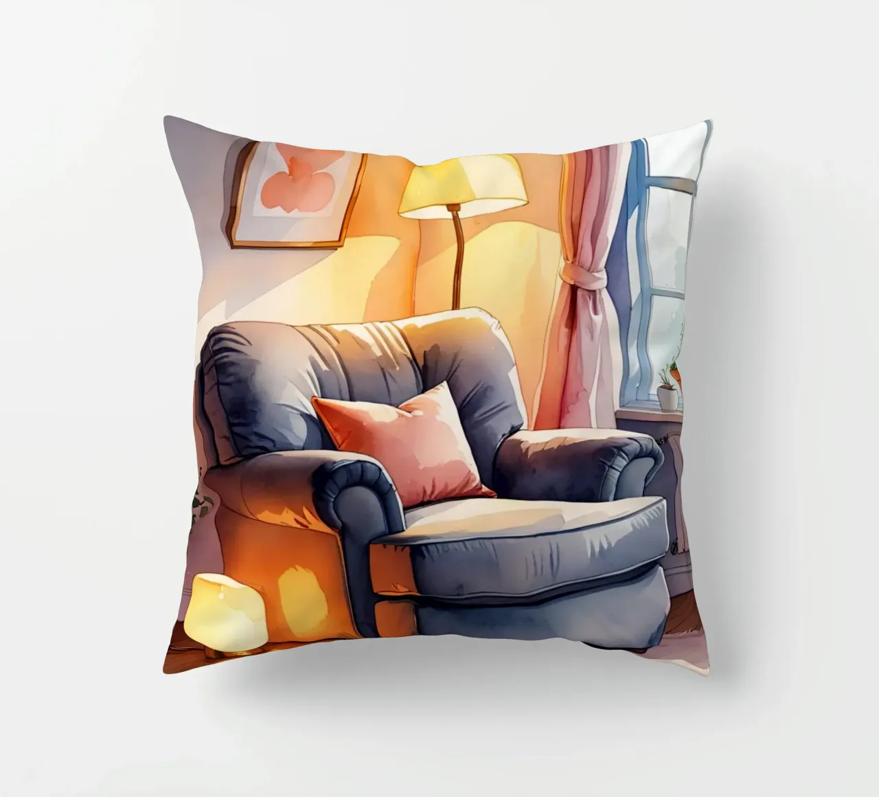 Poltrona accogliente Lampade e finestra in una stanza illuminata dal sole cuscino da DesignDoodle
