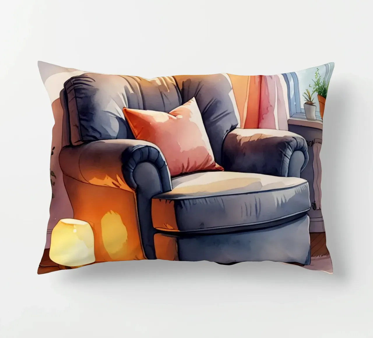 Poltrona accogliente Lampade e finestra in una stanza illuminata dal sole cuscino da DesignDoodle