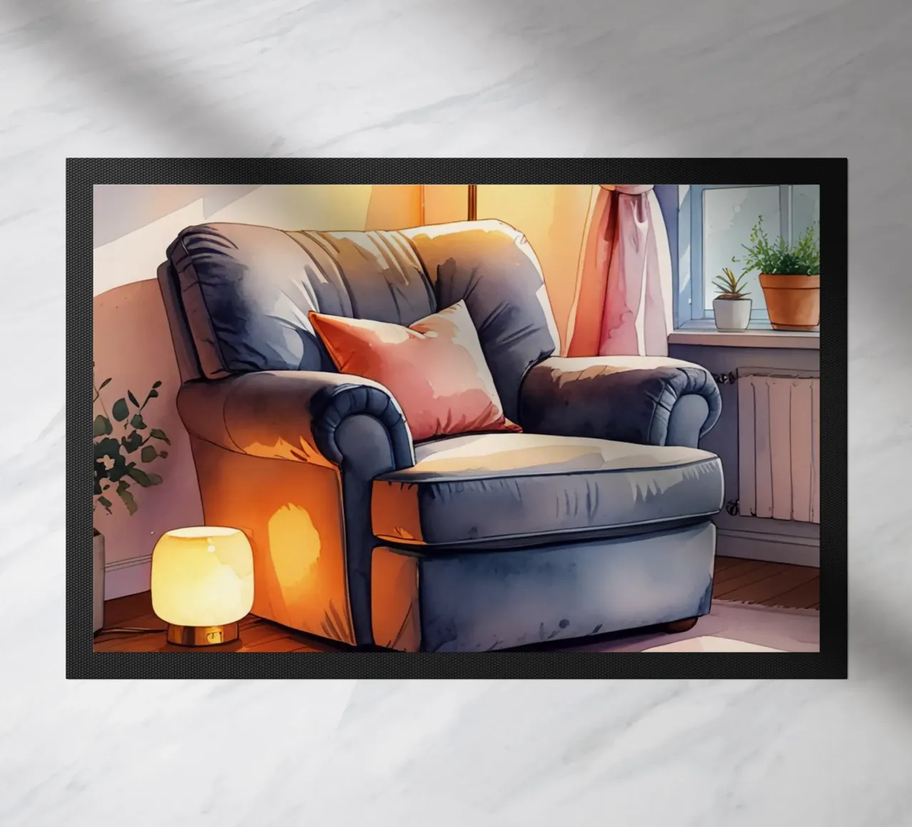 Poltrona accogliente Lampade e finestra in una stanza illuminata dal sole zerbino da DesignDoodle