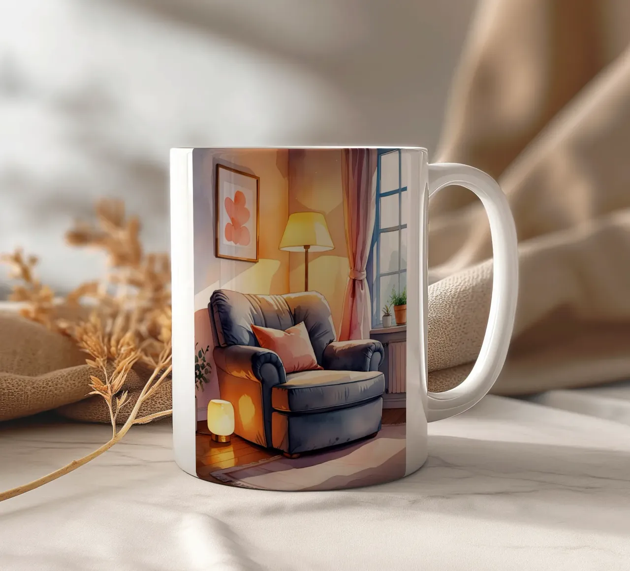 Poltrona accogliente Lampade e finestra in una stanza illuminata dal sole tazza in ceramica da DesignDoodle