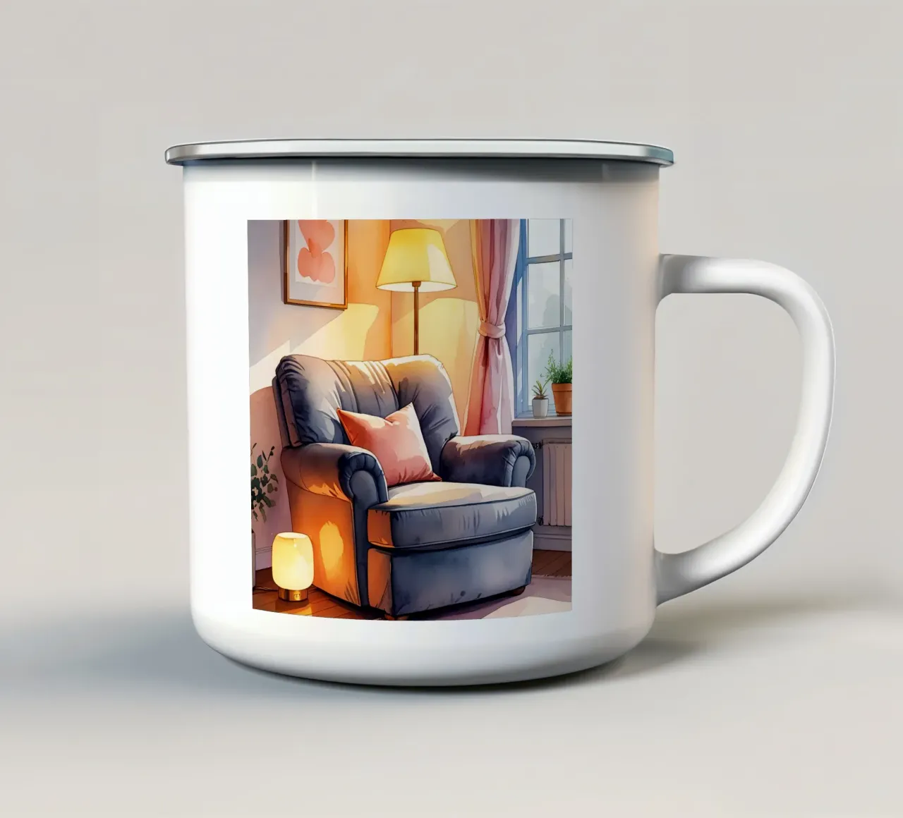 Poltrona accogliente Lampade e finestra in una stanza illuminata dal sole tazza in smalto da DesignDoodle