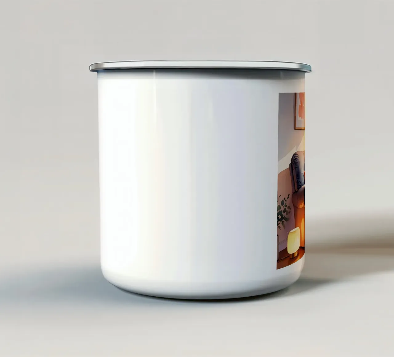Poltrona accogliente Lampade e finestra in una stanza illuminata dal sole tazza in smalto da DesignDoodle