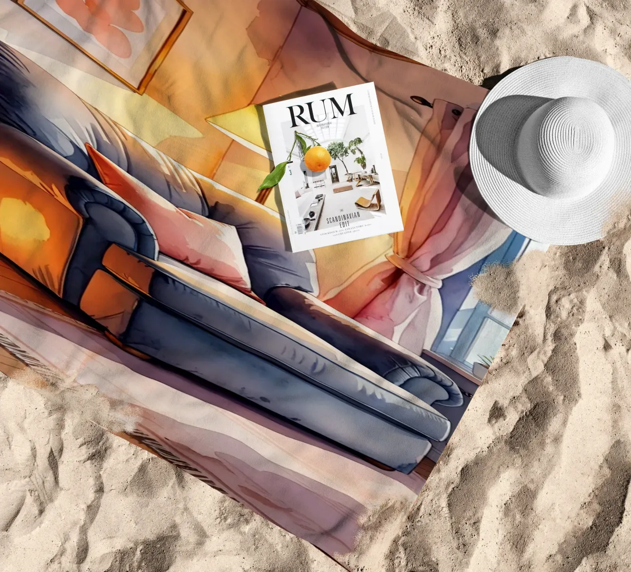 Poltrona accogliente Lampade e finestra in una stanza illuminata dal sole telo mare da DesignDoodle