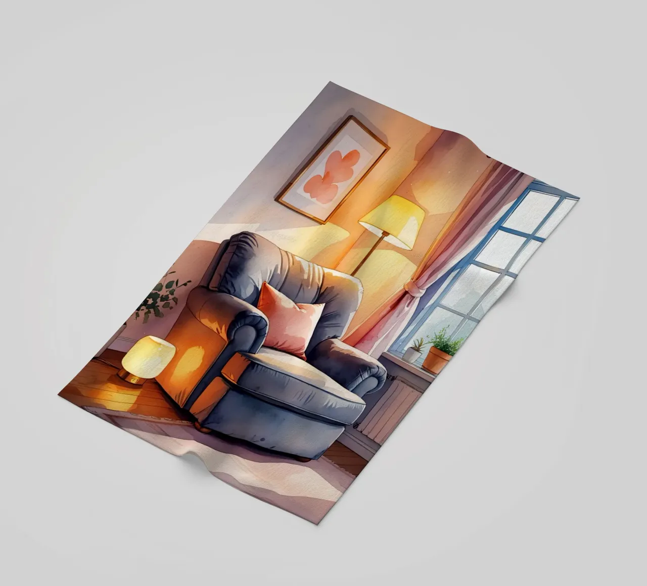 Poltrona accogliente Lampade e finestra in una stanza illuminata dal sole telo mare da DesignDoodle