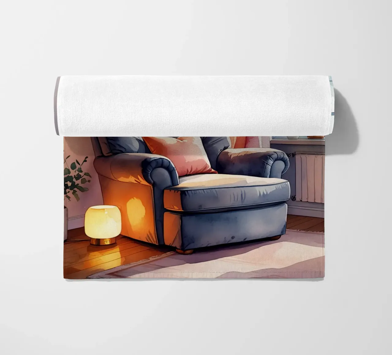 Poltrona accogliente Lampade e finestra in una stanza illuminata dal sole telo mare da DesignDoodle