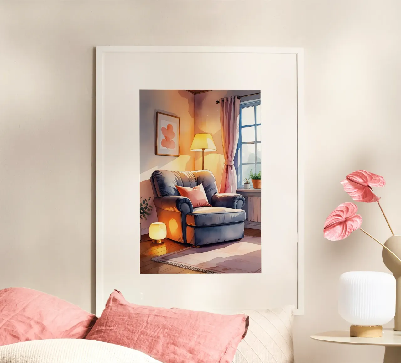 Poltrona accogliente Lampade e finestra in una stanza illuminata dal sole carta hahnemühle da DesignDoodle