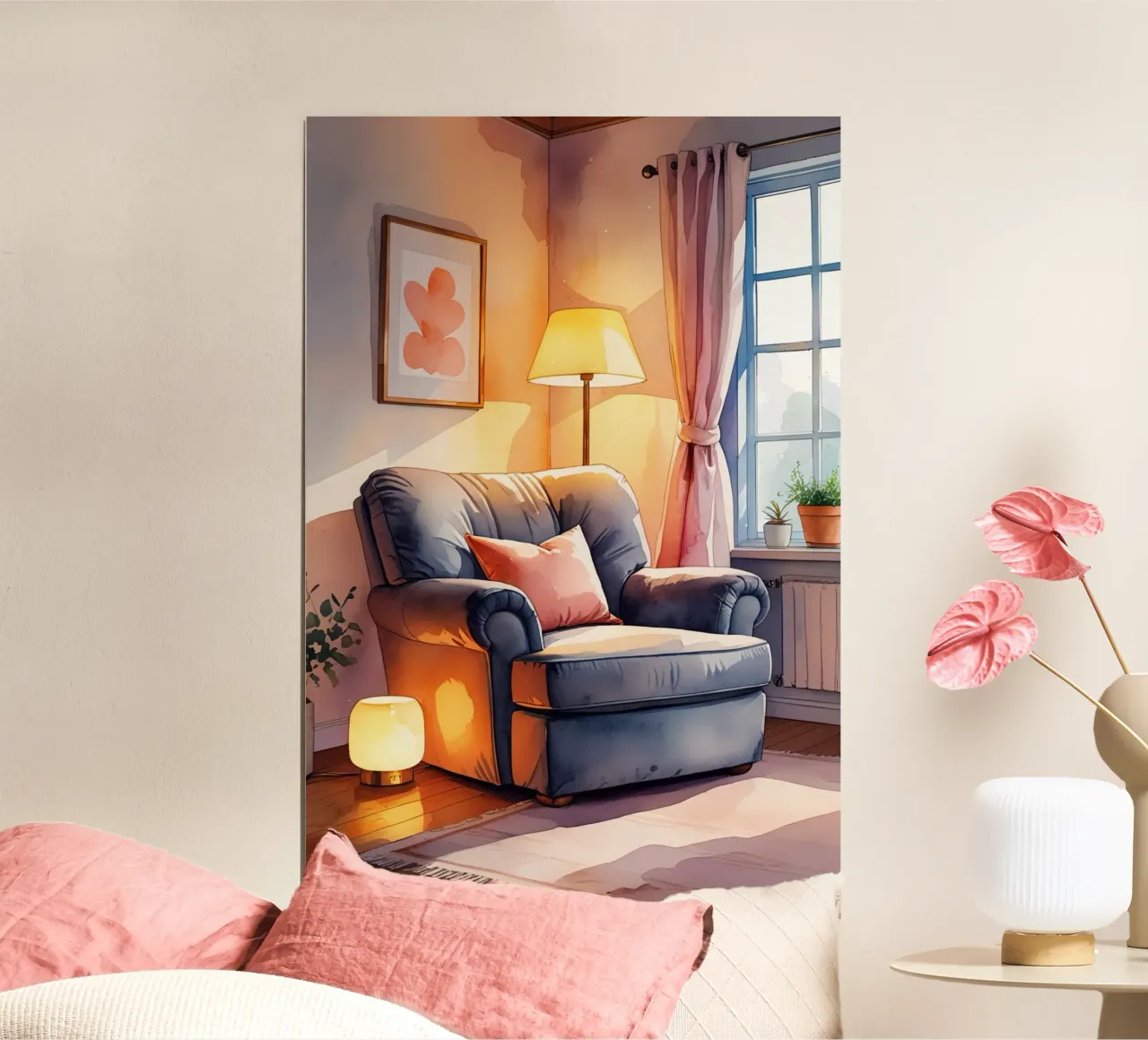 Poltrona accogliente Lampade e finestra in una stanza illuminata dal sole carta hahnemühle da DesignDoodle