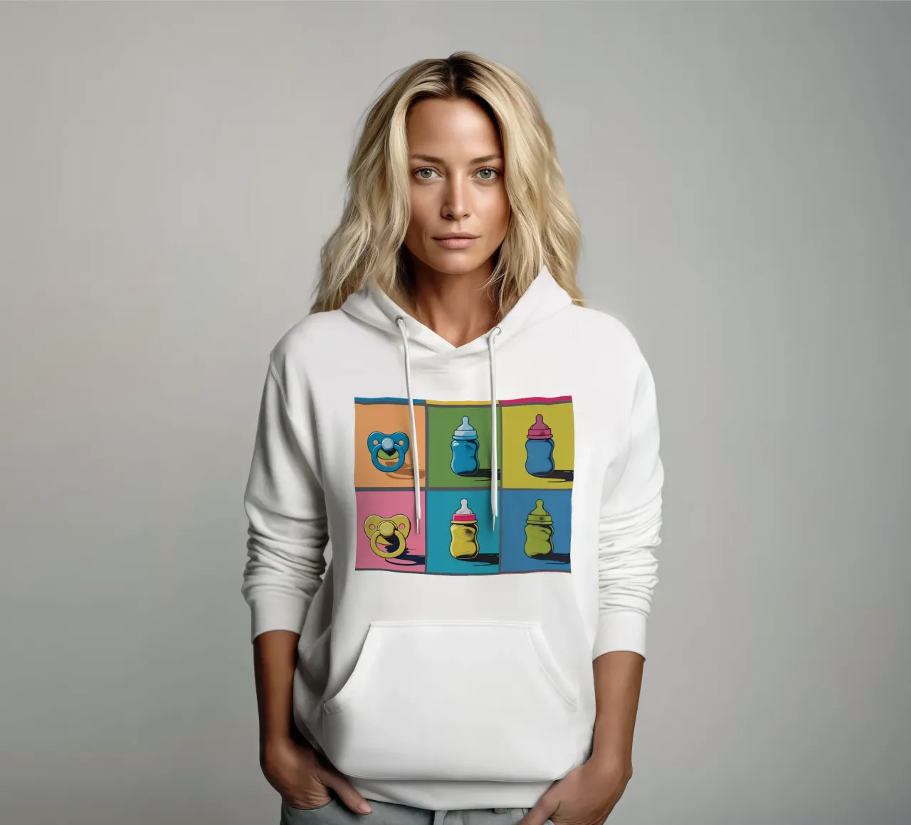 Biberon e ciucci in un layout a griglia felpa con cappuccio da DesignDoodle