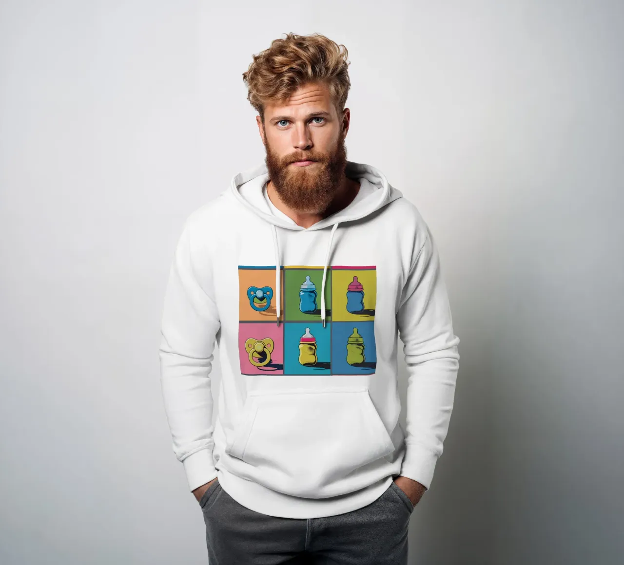 Biberon e ciucci in un layout a griglia felpa con cappuccio da DesignDoodle