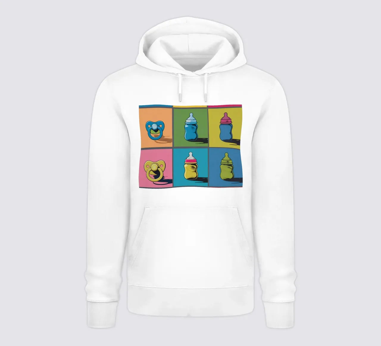 Biberon e ciucci in un layout a griglia felpa con cappuccio da DesignDoodle