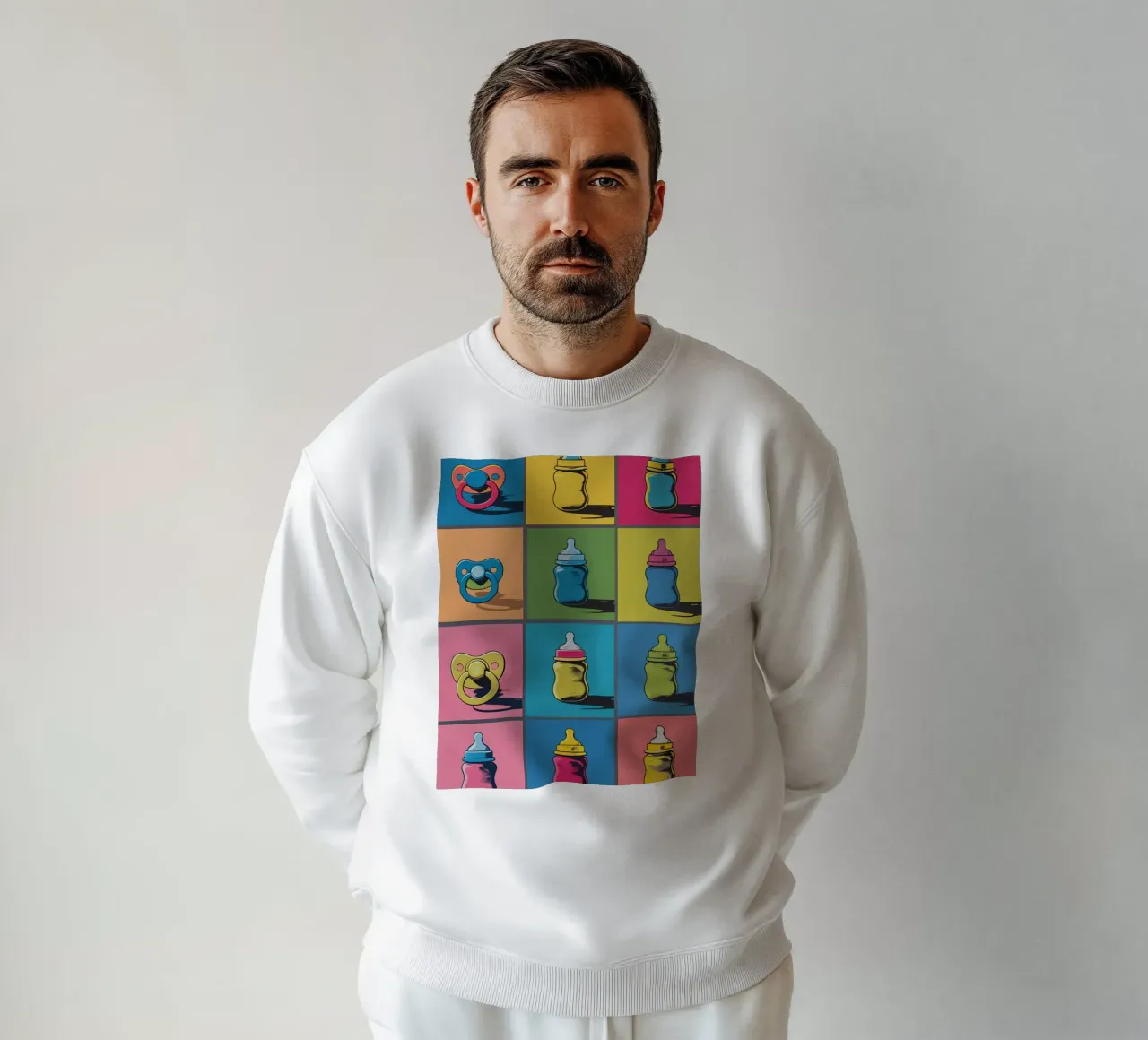 Biberon e ciucci in un layout a griglia felpa da DesignDoodle