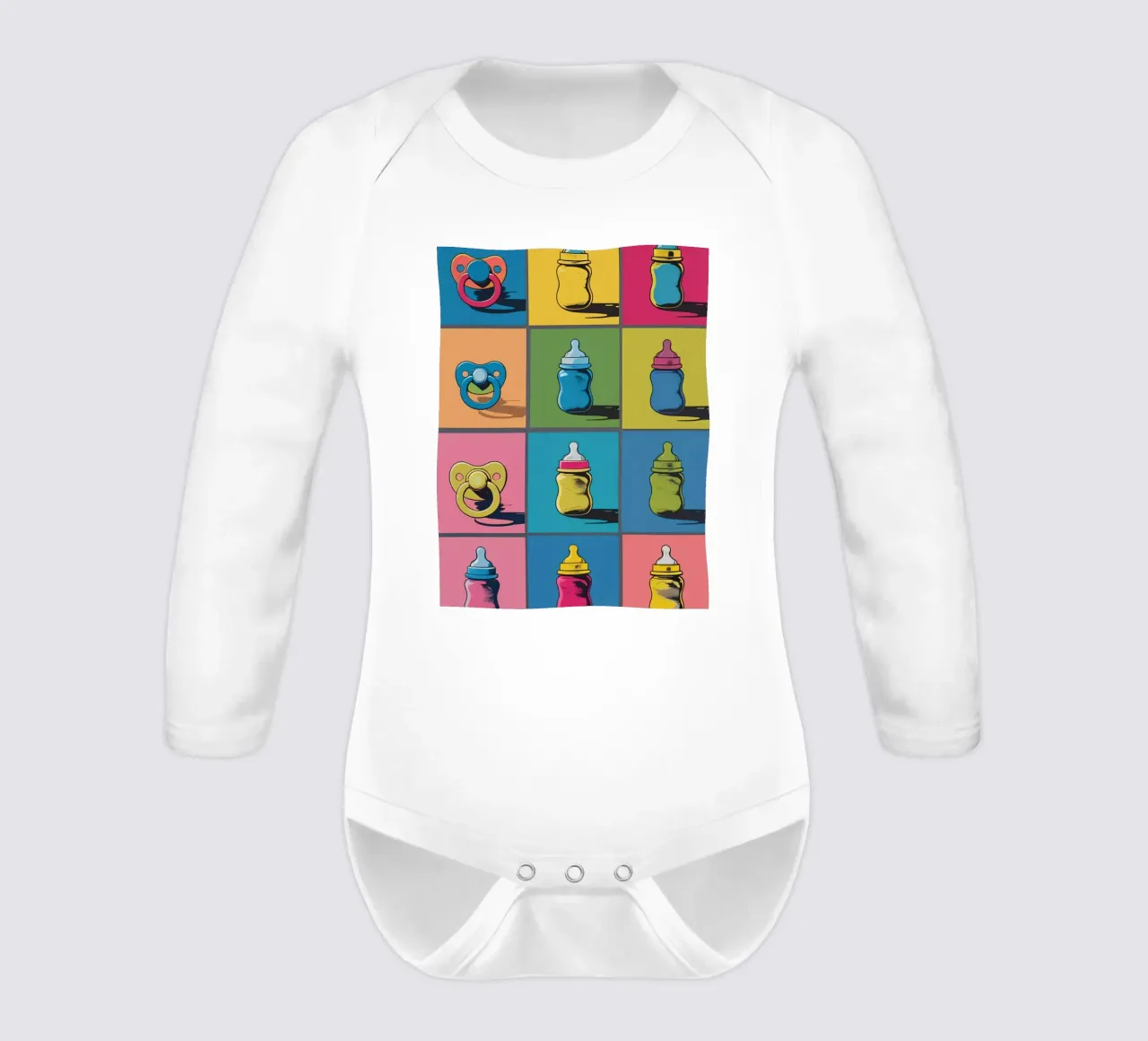 Biberon e ciucci in un layout a griglia body neonato maniche lunghe da DesignDoodle