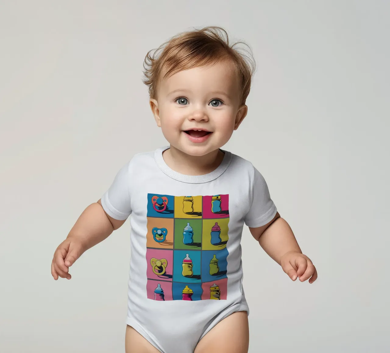 Baby Bottles and Pacifiers in a Grid Layout short-sleeve baby romper by DesignDoodle