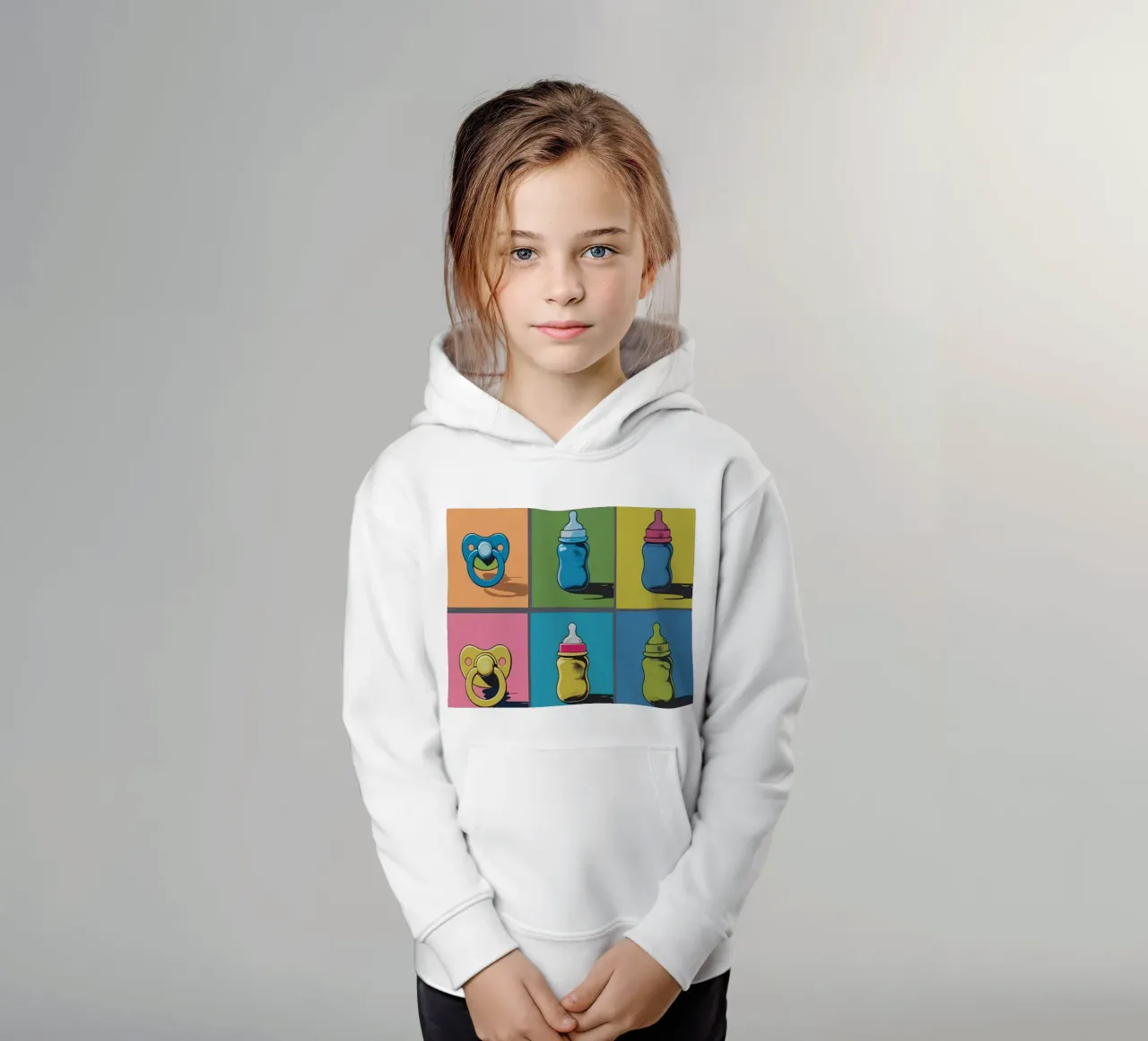 Biberon e ciucci in un layout a griglia felpa bambino con cappuccio da DesignDoodle