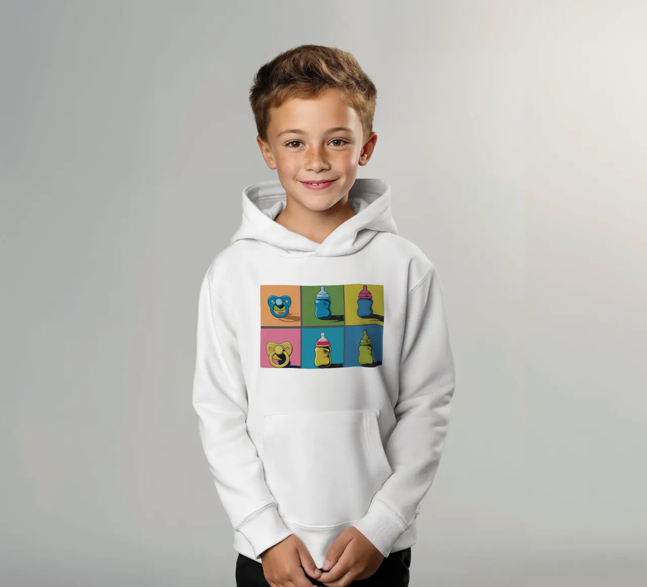 Biberon e ciucci in un layout a griglia felpa bambino con cappuccio da DesignDoodle