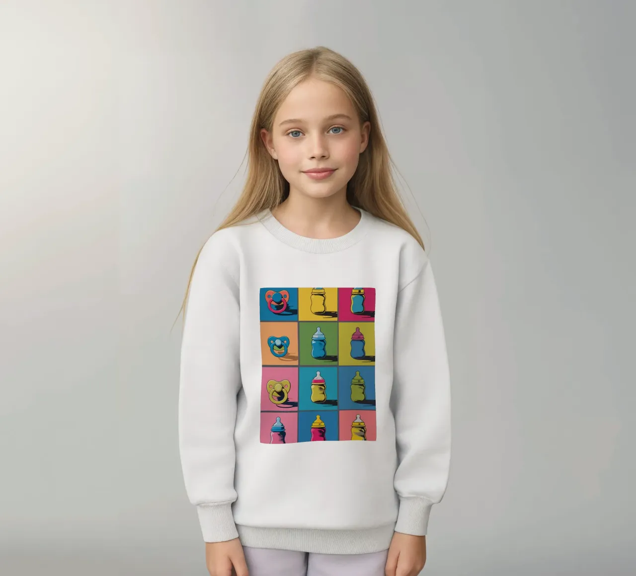 Biberon e ciucci in un layout a griglia felpa bambino da DesignDoodle