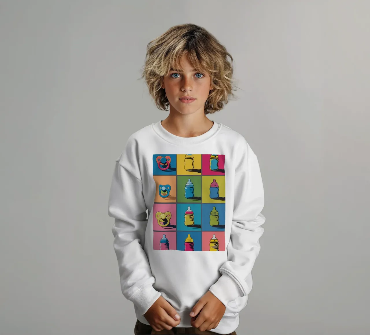 Biberon e ciucci in un layout a griglia felpa bambino da DesignDoodle
