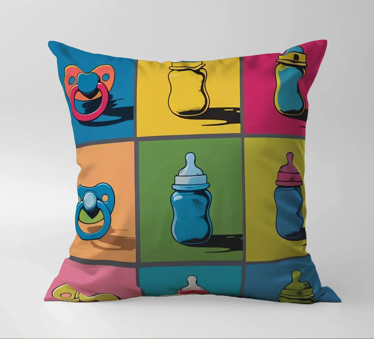 Biberon e ciucci in un layout a griglia cuscino da DesignDoodle