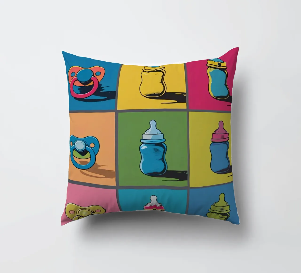 Biberon e ciucci in un layout a griglia cuscino da DesignDoodle