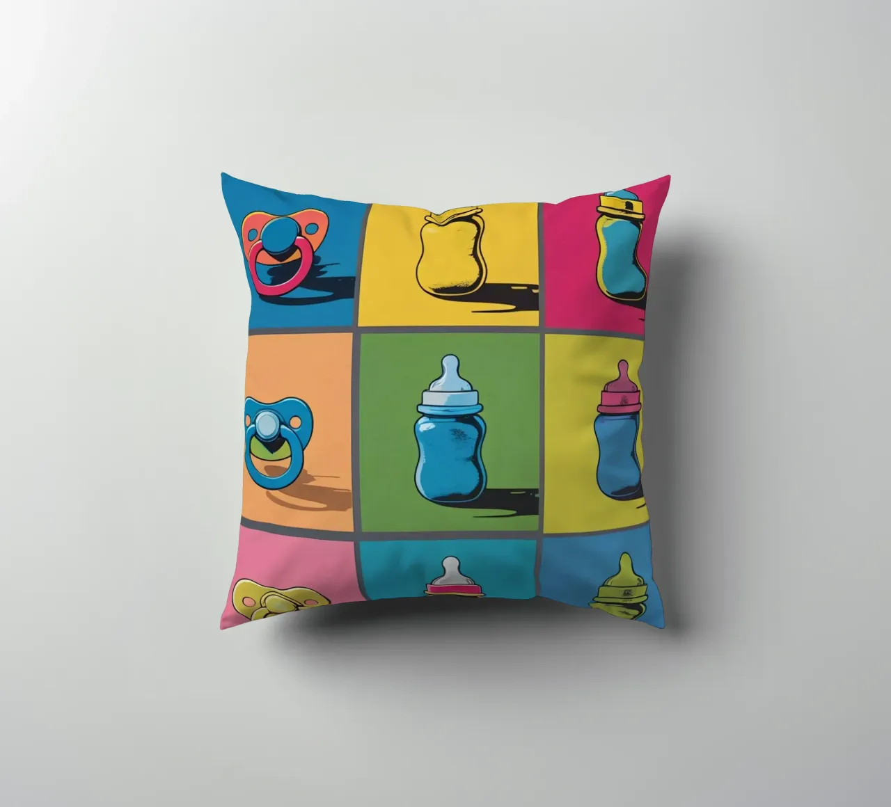 Biberon e ciucci in un layout a griglia cuscino da DesignDoodle