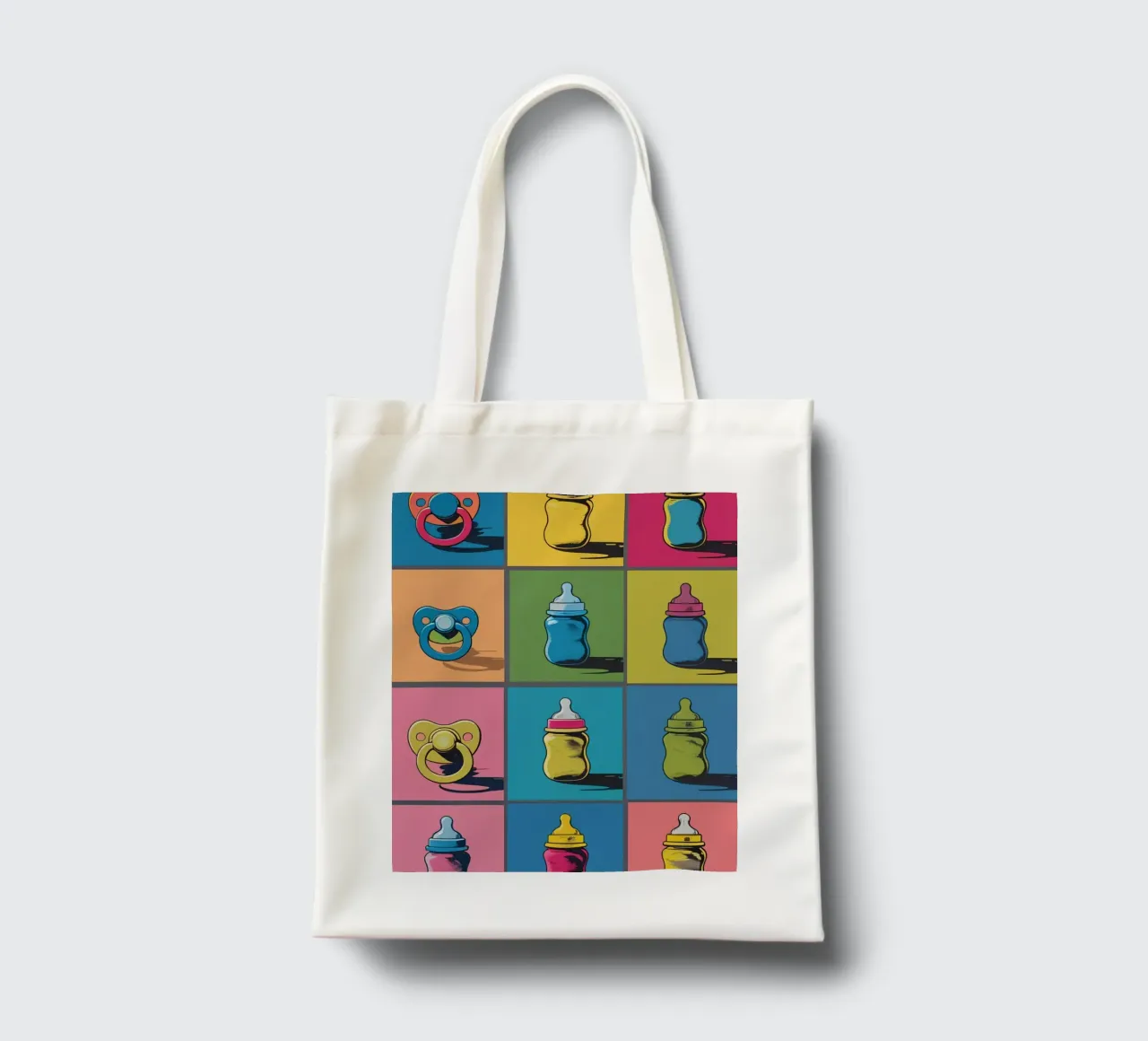 Biberon e ciucci in un layout a griglia borsa in juta da DesignDoodle