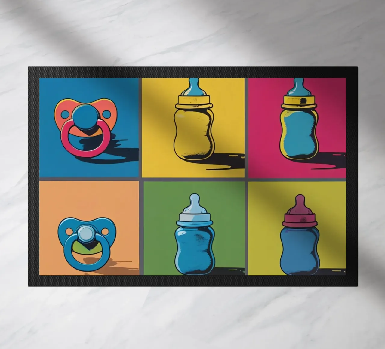 Biberon e ciucci in un layout a griglia zerbino da DesignDoodle