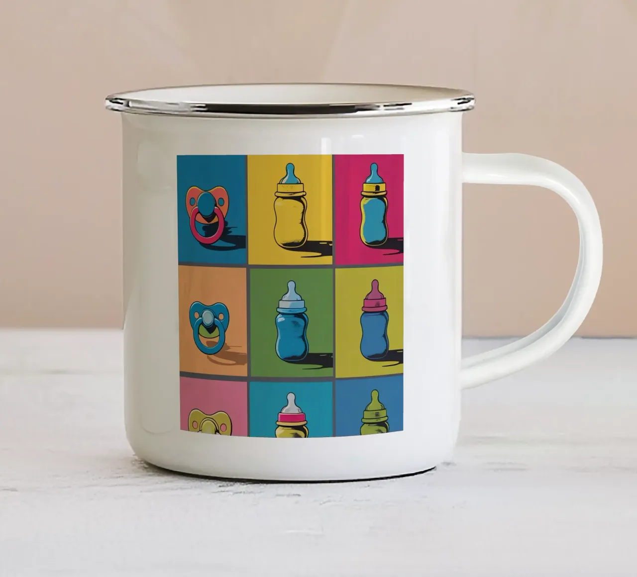 Babyflessen en fopspenen in een rasterindeling emaille mok van DesignDoodle