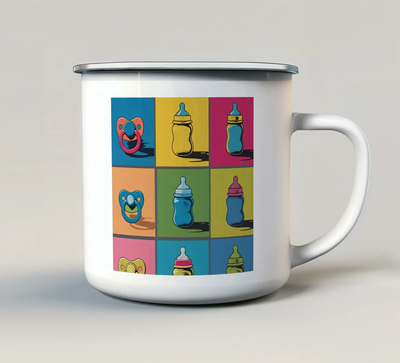 Babyflessen en fopspenen in een rasterindeling emaille mok van DesignDoodle