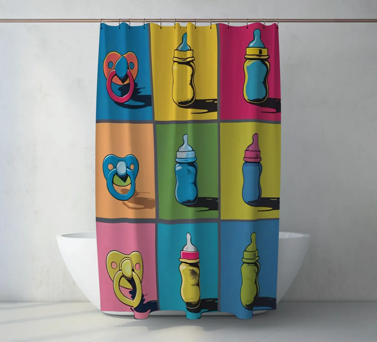 Biberon e ciucci in un layout a griglia tenda da doccia da DesignDoodle