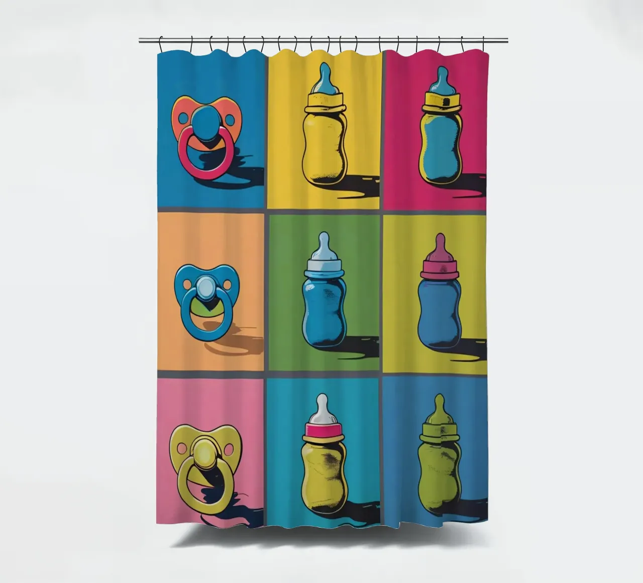 Biberon e ciucci in un layout a griglia tenda da doccia da DesignDoodle