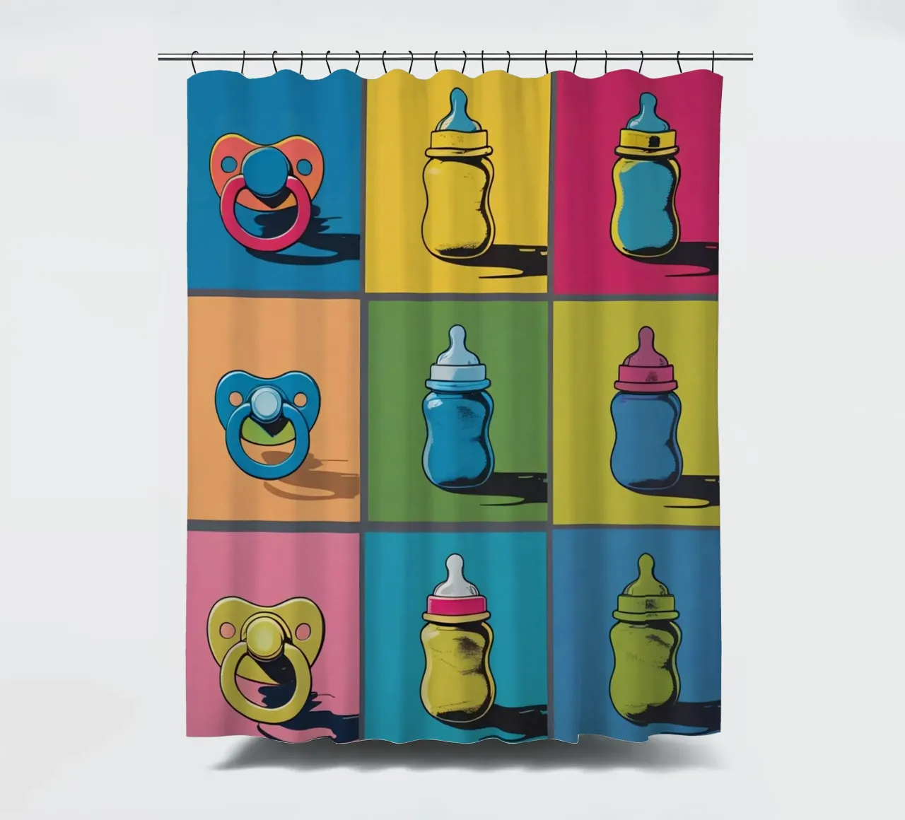 Biberon e ciucci in un layout a griglia tenda da doccia da DesignDoodle