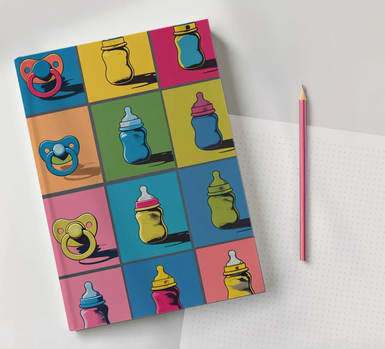 Biberon e ciucci in un layout a griglia diario da DesignDoodle