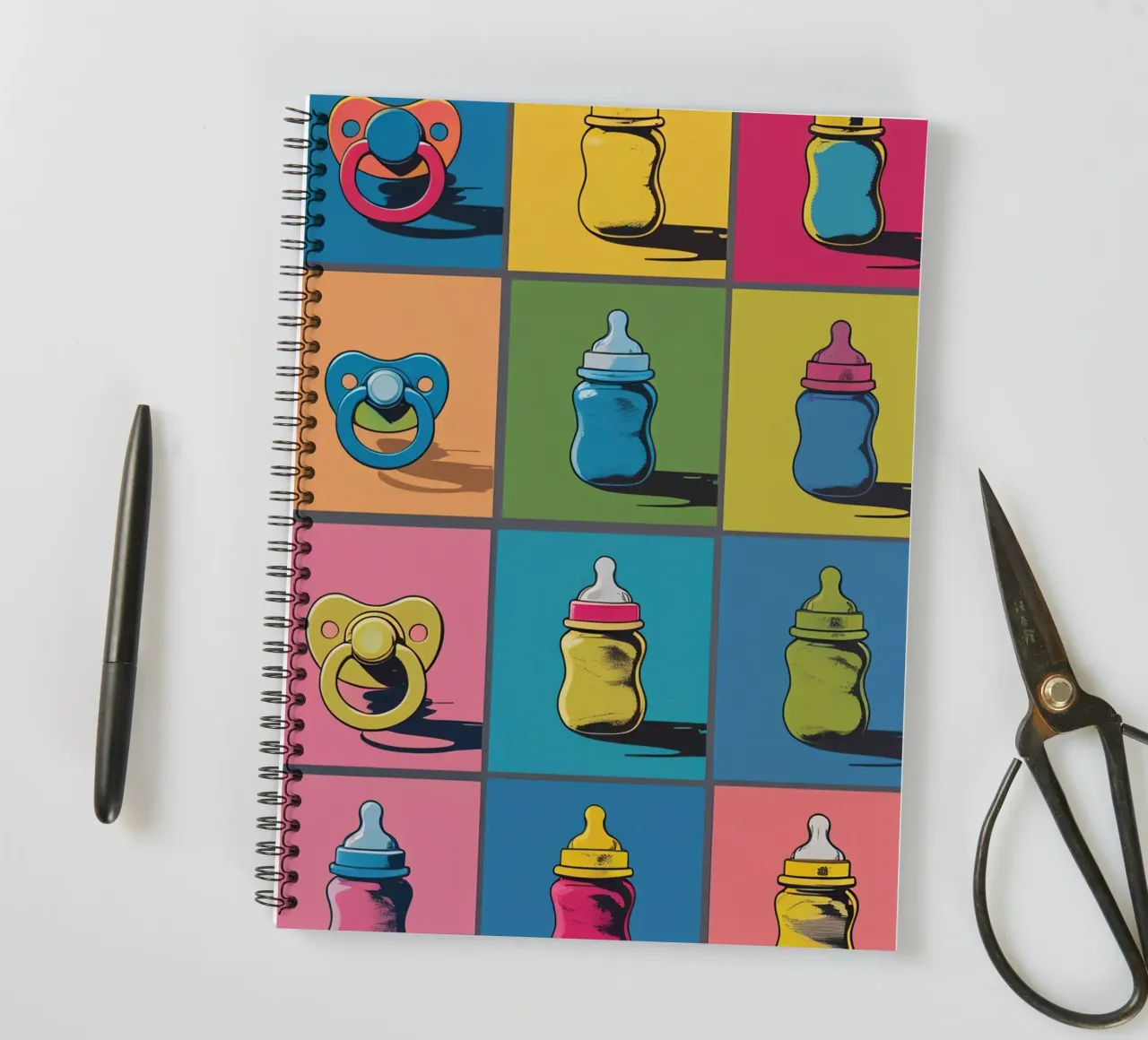 Biberons et sucettes dans une grille de présentation carnet à spirale de DesignDoodle