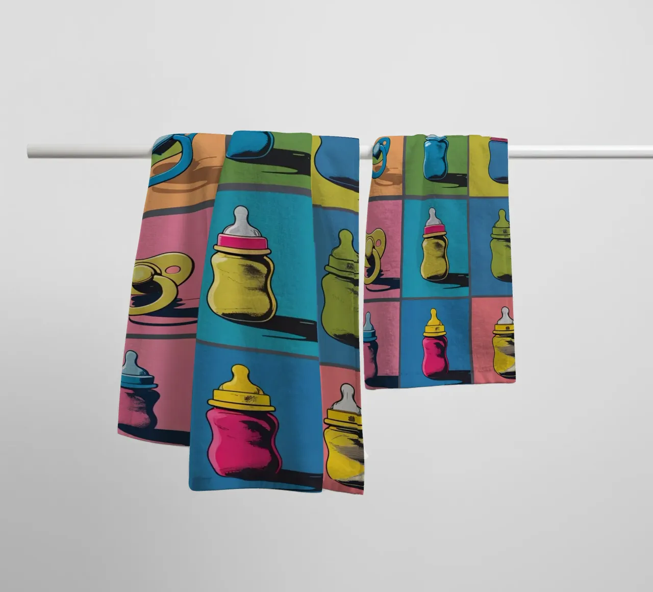 Biberon e ciucci in un layout a griglia asciugamano da bagno da DesignDoodle
