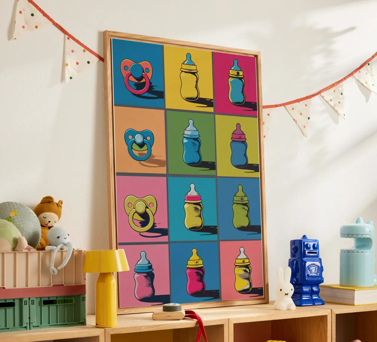 Biberon e ciucci in un layout a griglia plexiglass da DesignDoodle