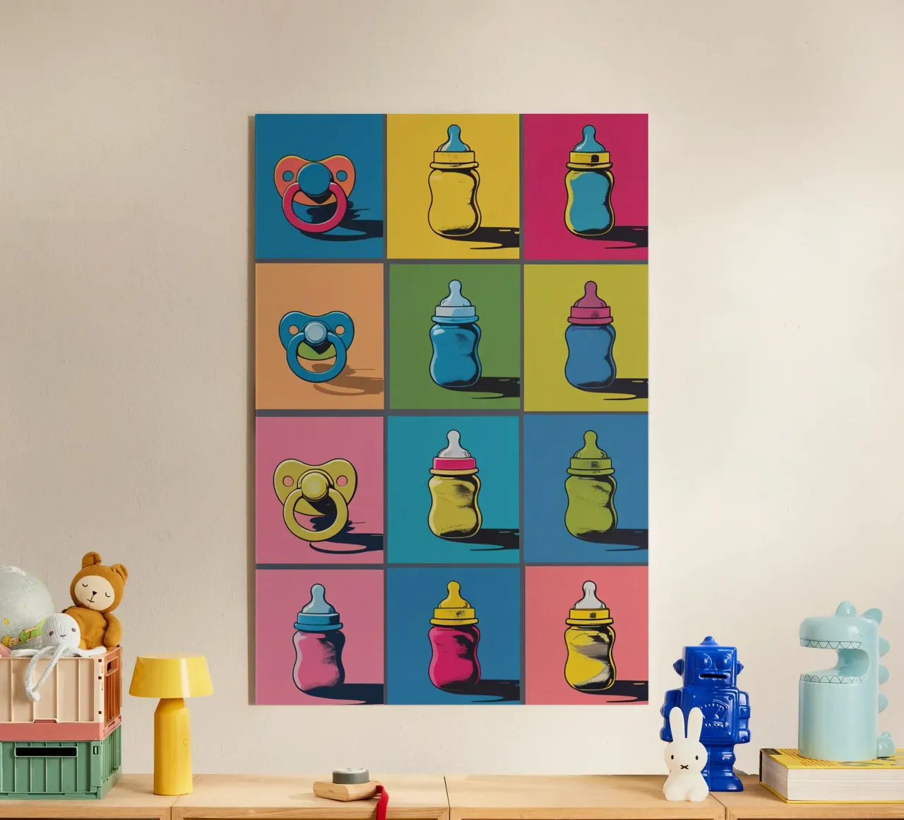 Biberon e ciucci in un layout a griglia plexiglass da DesignDoodle