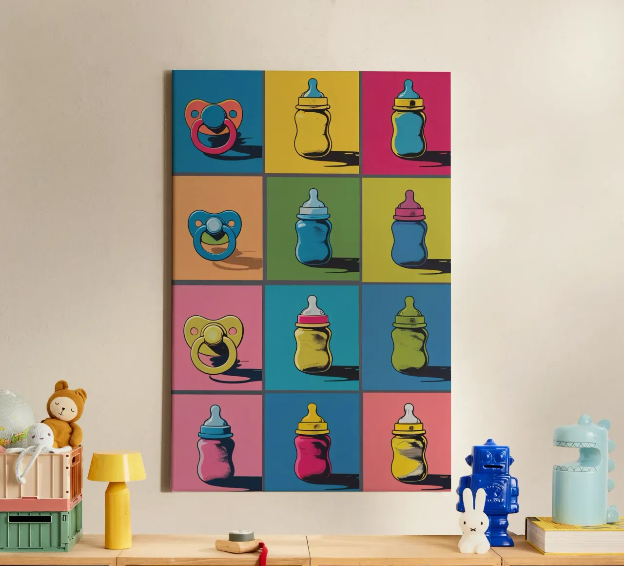 Biberon e ciucci in un layout a griglia tela da DesignDoodle