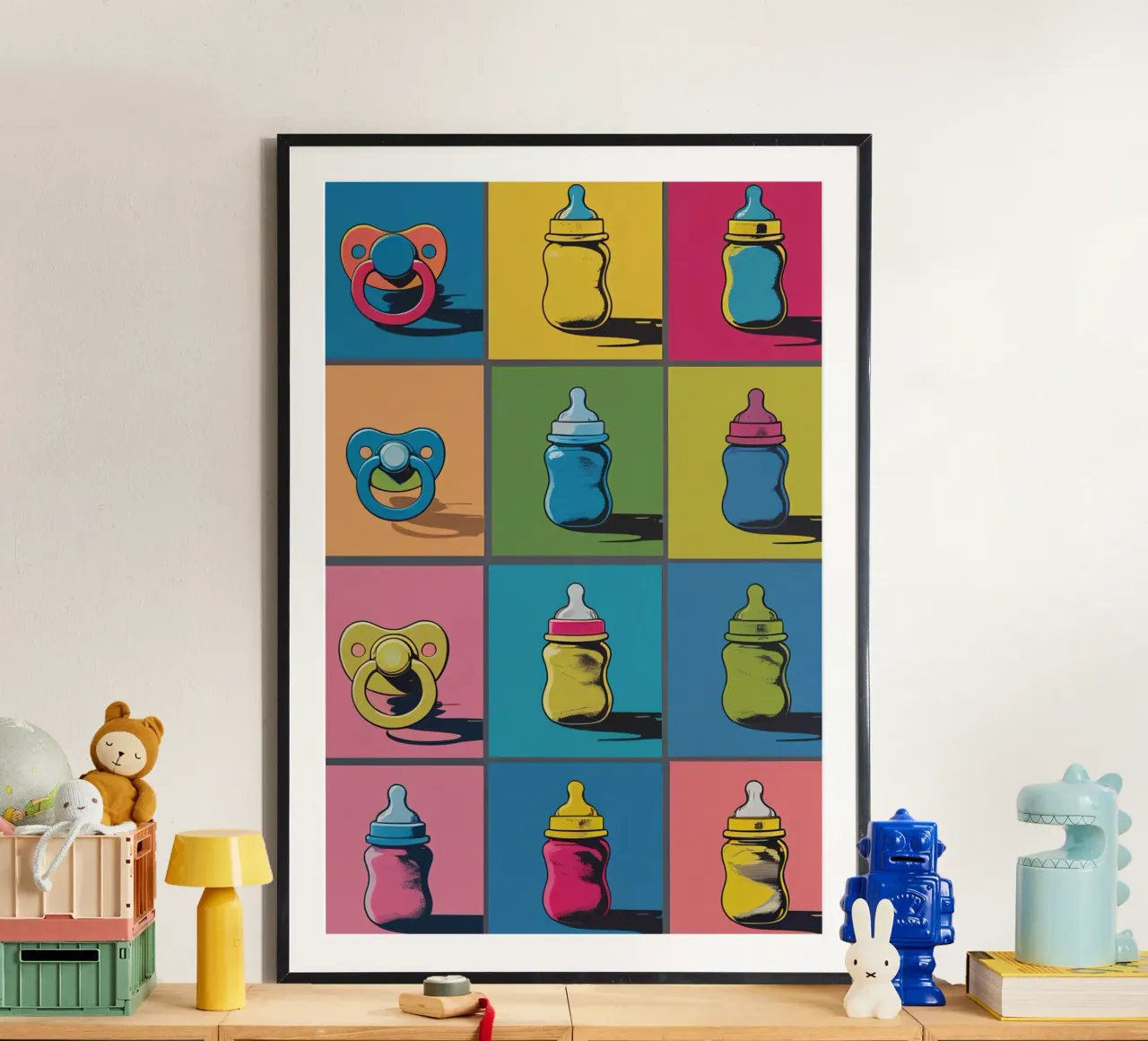 Biberon e ciucci in un layout a griglia carta hahnemühle da DesignDoodle